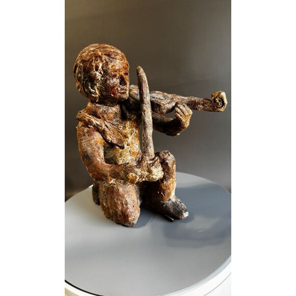 Hand Sculpted Terracotta Violinist With Snake Rustic Folk Art Figure 10 Inch - Picture 6 of 10